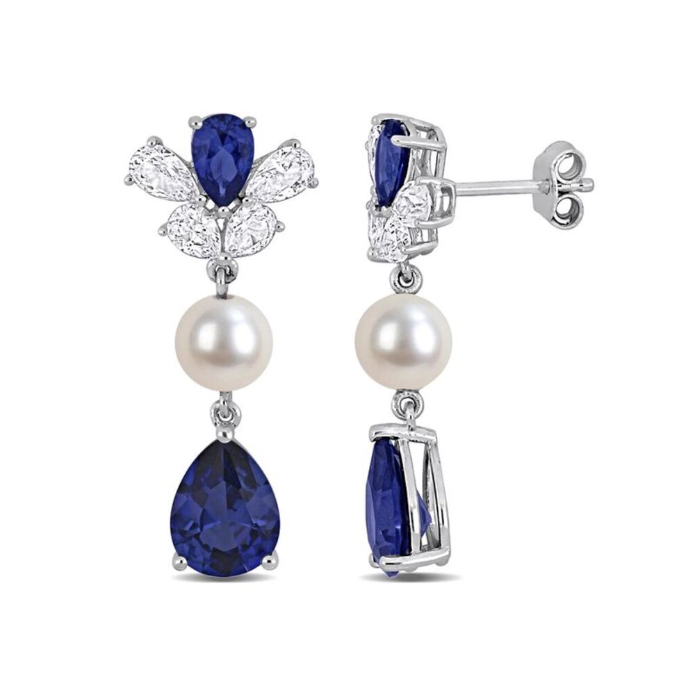 Lab Created Blue and White Sapphire Dangle Earrings Freshwater Pearls Silver